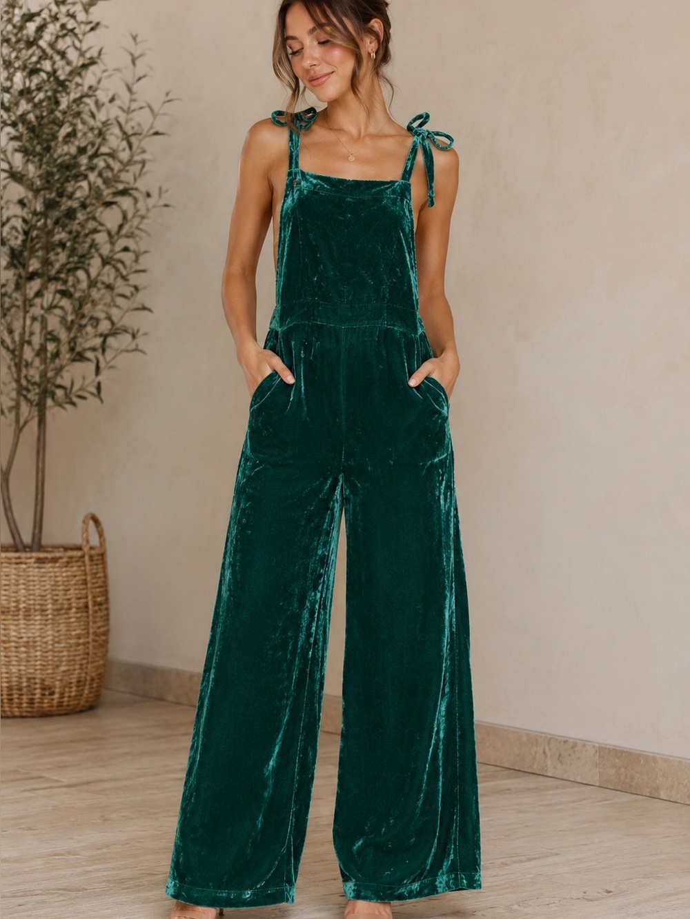 FREE PEOPLE Teal Velvet Wide-Leg Jumpsuit